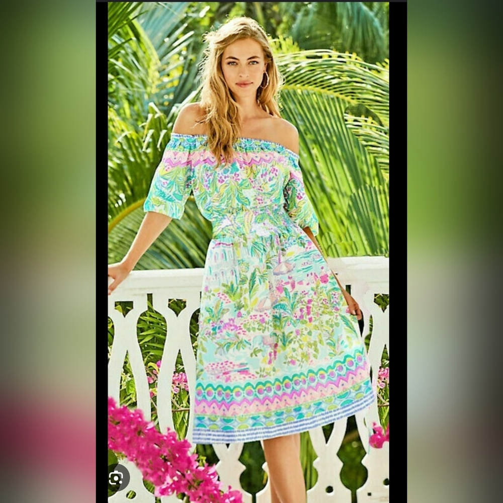Lilly Pulitzer Camille Island Hopping Off The Shoulder Midi Dress Fit Flare XS